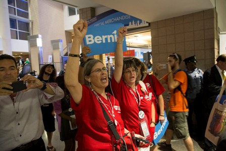 More pro-Sanders protesters, in the convention hall lobby. 